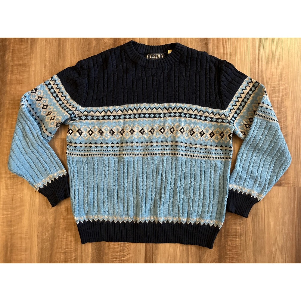 CSM Sweater Mens Medium Blue Fair Isle Nordic Crewneck‎ Ribbed Knit Pullover